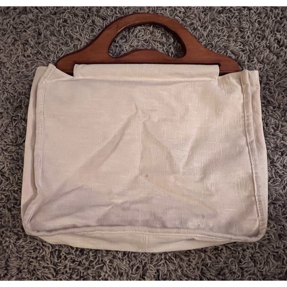 Vintage‎ Linen Peacock Wooden Handle Handbag W/Rhinestones 10"x13x3" - Picture 6 of 13